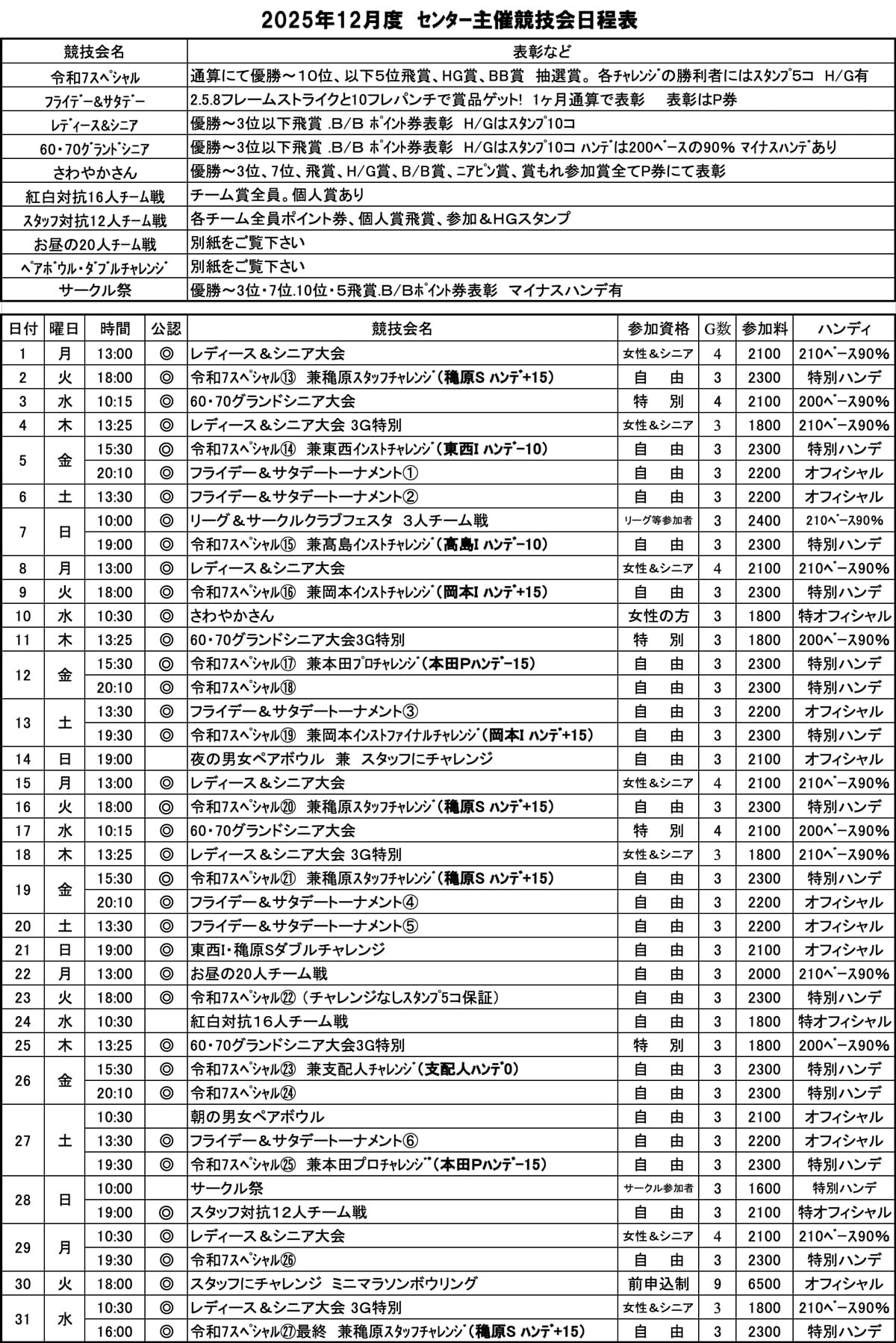 センター主催競技会日程表