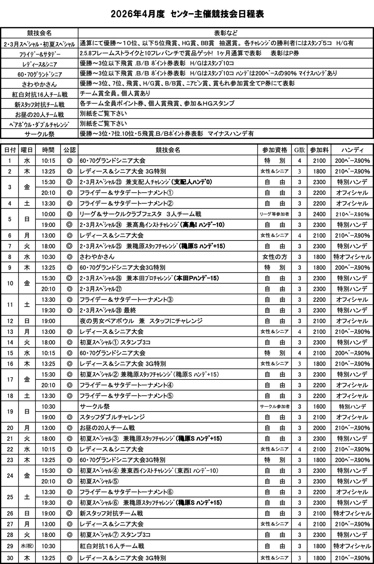 センター主催競技会日程表